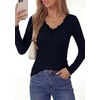 image:imagePRETTYGARDEN Womens Long Sleeve Shirts Lace Trim V Neck Ribbed Slim Fitted Basic Tees Y2K Going Out Tops 2026 Fall ClothesNavy Blue