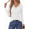 image:imagePRETTYGARDEN Womens Long Sleeve Shirts Lace Trim V Neck Ribbed Slim Fitted Basic Tees Y2K Going Out Tops 2026 Fall ClothesWhite