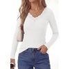 image:imagePRETTYGARDEN Womens Long Sleeve Shirts Lace Trim V Neck Ribbed Slim Fitted Basic Tees Y2K Going Out Tops 2026 Fall ClothesWhite