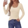 image:imagePRETTYGARDEN Womens Long Sleeve Tops Casual Fall Fashion 2026 Lace Square Neck Fitted Ribbed Knit Tee Shirts Winter ClothingBeige