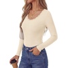 image:imagePRETTYGARDEN Womens Long Sleeve Tops Casual Fall Fashion 2026 Lace Square Neck Fitted Ribbed Knit Tee Shirts Winter ClothingBeige