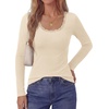 image:imagePRETTYGARDEN Womens Long Sleeve Tops Casual Fall Fashion 2026 Lace Square Neck Fitted Ribbed Knit Tee Shirts Winter ClothingBeige