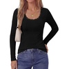 image:imagePRETTYGARDEN Womens Long Sleeve Tops Casual Fall Fashion 2026 Lace Square Neck Fitted Ribbed Knit Tee Shirts Winter ClothingBlack