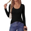 image:imagePRETTYGARDEN Womens Long Sleeve Tops Casual Fall Fashion 2026 Lace Square Neck Fitted Ribbed Knit Tee Shirts Winter ClothingBlack