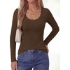 image:imagePRETTYGARDEN Womens Long Sleeve Tops Casual Fall Fashion 2026 Lace Square Neck Fitted Ribbed Knit Tee Shirts Winter ClothingBrown
