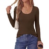 image:imagePRETTYGARDEN Womens Long Sleeve Tops Casual Fall Fashion 2026 Lace Square Neck Fitted Ribbed Knit Tee Shirts Winter ClothingBrown