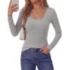 image:imagePRETTYGARDEN Womens Long Sleeve Tops Casual Fall Fashion 2026 Lace Square Neck Fitted Ribbed Knit Tee Shirts Winter ClothingGrey