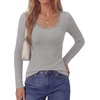 image:imagePRETTYGARDEN Womens Long Sleeve Tops Casual Fall Fashion 2026 Lace Square Neck Fitted Ribbed Knit Tee Shirts Winter ClothingGrey