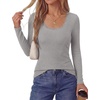 image:imagePRETTYGARDEN Womens Long Sleeve Tops Casual Fall Fashion 2026 Lace Square Neck Fitted Ribbed Knit Tee Shirts Winter ClothingGrey