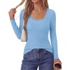 image:imagePRETTYGARDEN Womens Long Sleeve Tops Casual Fall Fashion 2026 Lace Square Neck Fitted Ribbed Knit Tee Shirts Winter ClothingLight Blue