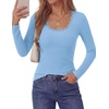 image:imagePRETTYGARDEN Womens Long Sleeve Tops Casual Fall Fashion 2026 Lace Square Neck Fitted Ribbed Knit Tee Shirts Winter ClothingLight Blue