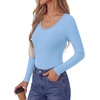 image:imagePRETTYGARDEN Womens Long Sleeve Tops Casual Fall Fashion 2026 Lace Square Neck Fitted Ribbed Knit Tee Shirts Winter ClothingLight Blue