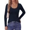 image:imagePRETTYGARDEN Womens Long Sleeve Tops Casual Fall Fashion 2026 Lace Square Neck Fitted Ribbed Knit Tee Shirts Winter ClothingNavy Blue