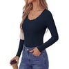 image:imagePRETTYGARDEN Womens Long Sleeve Tops Casual Fall Fashion 2026 Lace Square Neck Fitted Ribbed Knit Tee Shirts Winter ClothingNavy Blue