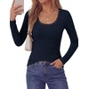 image:imagePRETTYGARDEN Womens Long Sleeve Tops Casual Fall Fashion 2026 Lace Square Neck Fitted Ribbed Knit Tee Shirts Winter ClothingNavy Blue
