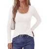 image:imagePRETTYGARDEN Womens Long Sleeve Tops Casual Fall Fashion 2026 Lace Square Neck Fitted Ribbed Knit Tee Shirts Winter ClothingWhite