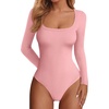 image:imagePRETTYGARDEN Bodysuits for Women 2026 Fall Long Sleeve Body Suits Scoop Neck Ribbed Knit Fitted Basic Tops Soft Tee ShirtsPink