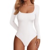 image:imagePRETTYGARDEN Bodysuits for Women 2026 Fall Long Sleeve Body Suits Scoop Neck Ribbed Knit Fitted Basic Tops Soft Tee ShirtsWhite