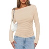image:imagePRETTYGARDEN Off The Shoulder Tops for Women Going Out Long Sleeve Shirts 2026 Fall Casual Fitted Ribbed Ruched Y2K ClothesBeige