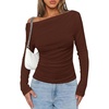 image:imagePRETTYGARDEN Off The Shoulder Tops for Women Going Out Long Sleeve Shirts 2026 Fall Casual Fitted Ribbed Ruched Y2K ClothesBrown