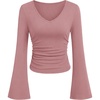 image:imagePRETTYGARDEN Women 2026 Fall Long Bell Sleeve Shirts Ribbed V Neck Fitted Ruched Trendy Y2K Going Out Tee Tops Summer ClothesPink