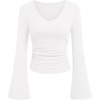 image:imagePRETTYGARDEN Women 2026 Fall Long Bell Sleeve Shirts Ribbed V Neck Fitted Ruched Trendy Y2K Going Out Tee Tops Summer ClothesWhite