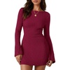 image:imagePRETTYGARDEN Womens Fall Bell Long Sleeve Mini Dress 2026 Casual Boat Neck Ribbed Bodycon Short Party Cocktail DressesWine Red