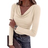 image:imagePRETTYGARDEN Womens Long Sleeve Shirts 2026 Fall Outfits Cowl Neck Ruched Slim Fitted Going Out Tops Y2K Fashion ClothingBeige