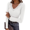 image:imagePRETTYGARDEN Womens Long Sleeve Shirts Lace Trim V Neck Ribbed Slim Fitted Basic Tees Y2K Going Out Tops 2026 Fall ClothesWhite