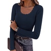 image:imagePRETTYGARDEN Womens Long Sleeve Tops Casual Fall Fashion 2026 Lace Square Neck Fitted Ribbed Knit Tee Shirts Winter ClothingNavy Blue