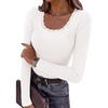 image:imagePRETTYGARDEN Womens Long Sleeve Tops Casual Fall Fashion 2026 Lace Square Neck Fitted Ribbed Knit Tee Shirts Winter ClothingWhite