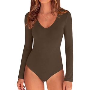 image:imagePRETTYGARDEN Bodysuits for Women 2026 Fall Long Sleeve Shirts V Neck Slim Fitted Basic Tees Going Out Tops Fashion ClothingBrown