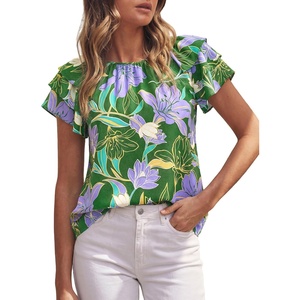 image:imagePRETTYGARDEN Boho Floral Tops for Women Summer Blouses Dressy Casual 2026 Spring Beach Vacation Ruffle Short Sleeve ShirtsPurple Floral