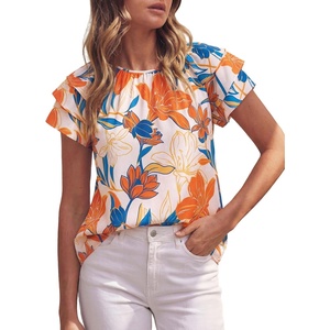 image:imagePRETTYGARDEN Boho Floral Tops for Women Summer Blouses Dressy Casual 2026 Spring Beach Vacation Ruffle Short Sleeve ShirtsWhite Orange Red Floral