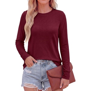image:imagePRETTYGARDEN Long Sleeve Tshirts Shirts for Women Clothing Fall Fashion 2026 Basic Cotton Tees Casual Blouses Winter TopsBurgundy