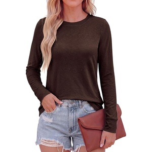 image:imagePRETTYGARDEN Long Sleeve Tshirts Shirts for Women Clothing Fall Fashion 2026 Basic Cotton Tees Casual Blouses Winter TopsDark Brown