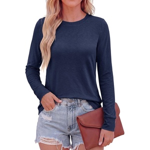 image:imagePRETTYGARDEN Long Sleeve Tshirts Shirts for Women Clothing Fall Fashion 2026 Basic Cotton Tees Casual Blouses Winter TopsNavy Blue