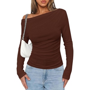 image:imagePRETTYGARDEN Off The Shoulder Tops for Women Going Out Long Sleeve Shirts 2026 Fall Casual Fitted Ribbed Ruched Y2K ClothesBrown