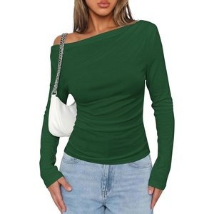 image:imagePRETTYGARDEN Off The Shoulder Tops for Women Going Out Long Sleeve Shirts 2026 Fall Casual Fitted Ribbed Ruched Y2K ClothesDark Green