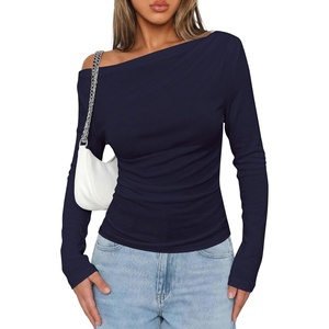 image:imagePRETTYGARDEN Off The Shoulder Tops for Women Going Out Long Sleeve Shirts 2026 Fall Casual Fitted Ribbed Ruched Y2K ClothesNavy
