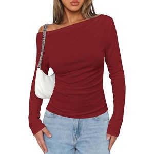 image:imagePRETTYGARDEN Off The Shoulder Tops for Women Going Out Long Sleeve Shirts 2026 Fall Casual Fitted Ribbed Ruched Y2K ClothesWine Red