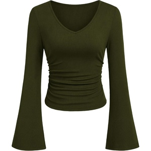 image:imagePRETTYGARDEN Women 2026 Fall Long Bell Sleeve Shirts Ribbed V Neck Fitted Ruched Trendy Y2K Going Out Tee Tops Summer ClothesArmy Green