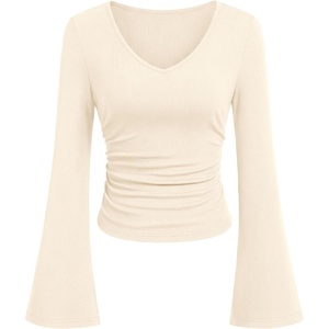 image:imagePRETTYGARDEN Women 2026 Fall Long Bell Sleeve Shirts Ribbed V Neck Fitted Ruched Trendy Y2K Going Out Tee Tops Summer ClothesBeige
