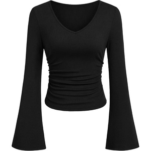 image:imagePRETTYGARDEN Women 2026 Fall Long Bell Sleeve Shirts Ribbed V Neck Fitted Ruched Trendy Y2K Going Out Tee Tops Summer ClothesBlack