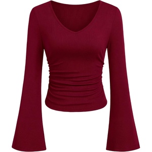 image:imagePRETTYGARDEN Women 2026 Fall Long Bell Sleeve Shirts Ribbed V Neck Fitted Ruched Trendy Y2K Going Out Tee Tops Summer ClothesBurgundy