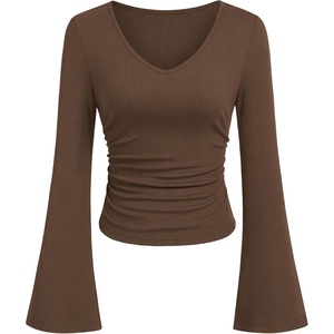 image:imagePRETTYGARDEN Women 2026 Fall Long Bell Sleeve Shirts Ribbed V Neck Fitted Ruched Trendy Y2K Going Out Tee Tops Summer ClothesCoffee