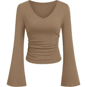 image:imagePRETTYGARDEN Women 2026 Fall Long Bell Sleeve Shirts Ribbed V Neck Fitted Ruched Trendy Y2K Going Out Tee Tops Summer ClothesLight Brown