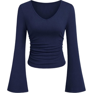 image:imagePRETTYGARDEN Women 2026 Fall Long Bell Sleeve Shirts Ribbed V Neck Fitted Ruched Trendy Y2K Going Out Tee Tops Summer ClothesNavy Blue