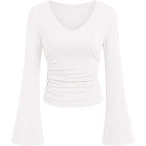 image:imagePRETTYGARDEN Women 2026 Fall Long Bell Sleeve Shirts Ribbed V Neck Fitted Ruched Trendy Y2K Going Out Tee Tops Summer ClothesWhite
