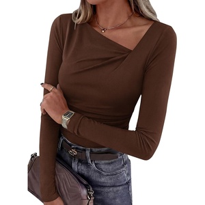 image:imagePRETTYGARDEN Womens 2026 Long Sleeve T Shirts Asymmetrical Y2K Slim Fitted Going Out Trendy Tops Early Fall Fashion ClothingBrown